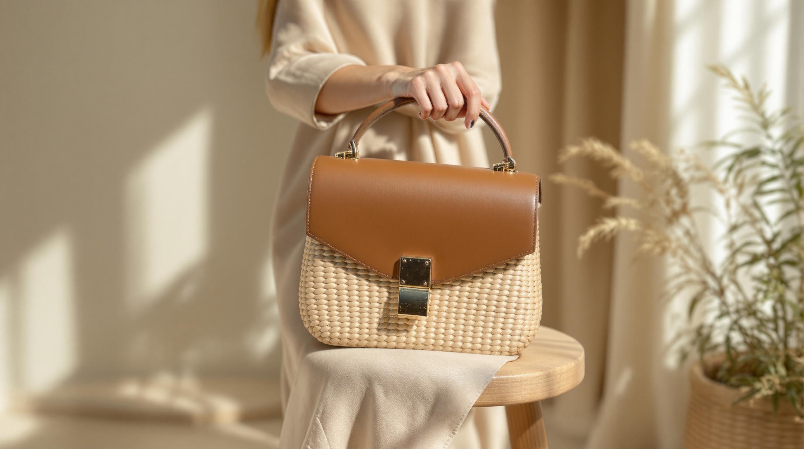 Elegant woven leather handbag with gold clasp held by woman in beige dress.